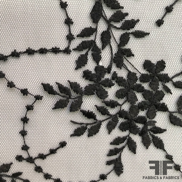 Black Embroidered Floral & Vine Netting - Fabrics & Fabrics