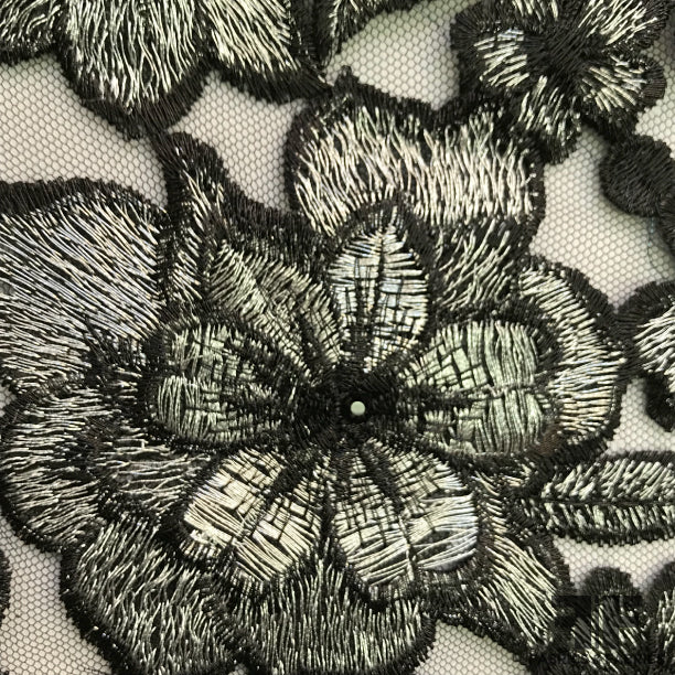 Black/Silver Blooming Floral Embroidered Netting - Fabrics & Fabrics