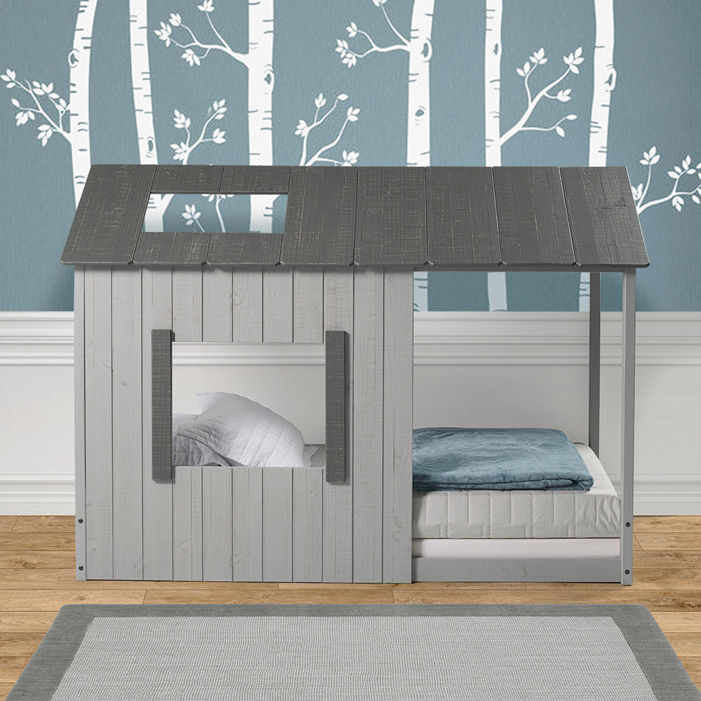 P'kolino Kid's House Twin Floor Bed - Dark Grey Roof with Light Grey Walls