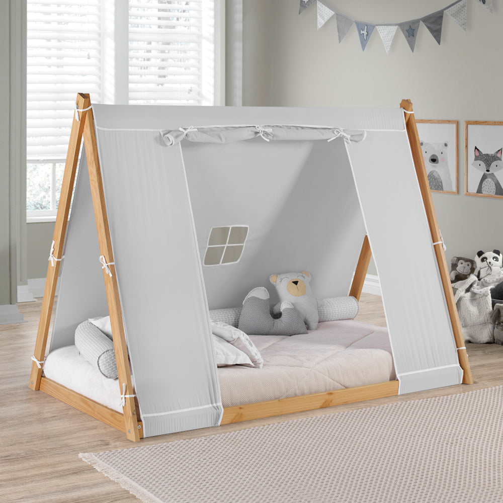 Kid's Tent Twin Floor Bed – Grey Tent with Natural Frame