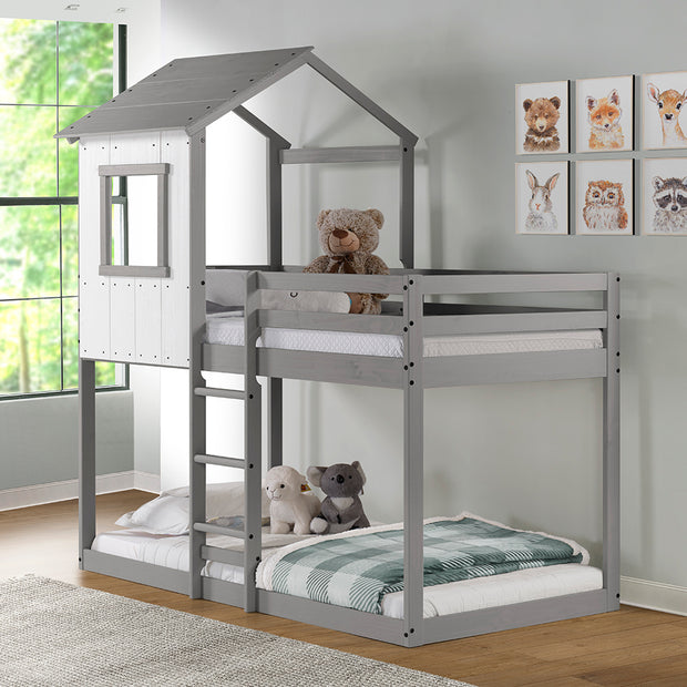 grey and white bunk beds