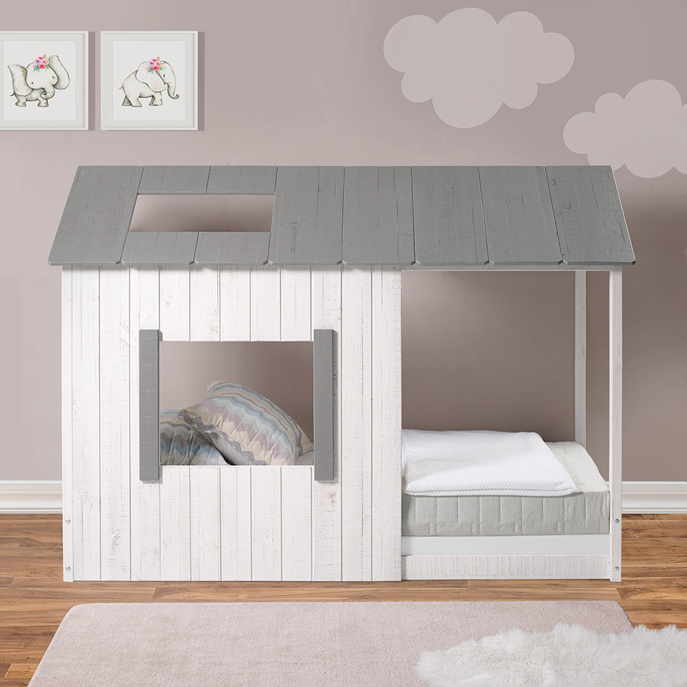 P'kolino Kid's House Twin Floor Bed - White Wall & Frame with Grey Roof