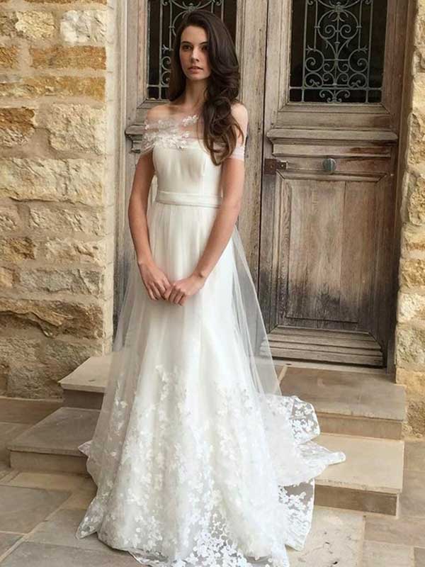 A-line Off-the-shoulder Floor-length Short Tulle Wedding Dress #VB049 ...