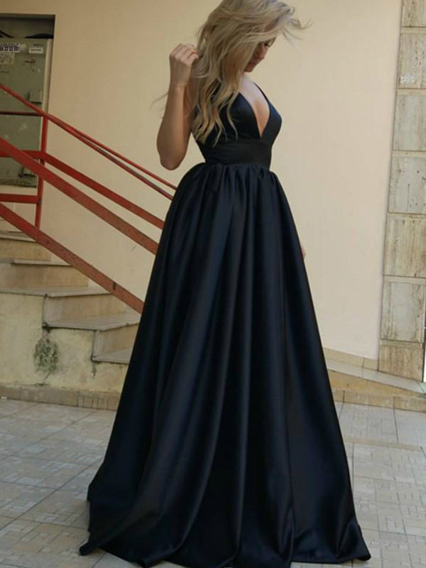 Black Long Prom Dress Simple Modest Elegant V Neck Cheap Prom Dress ...