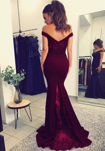 Lace Burgundy Spaghetti Straps V-neck Mermaid Prom Dresses Train