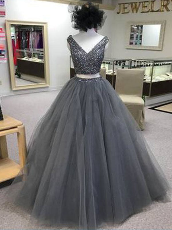 silver two piece prom dress