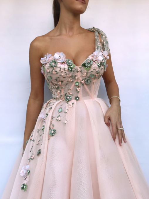 pink vintage wedding dress with one shoulder