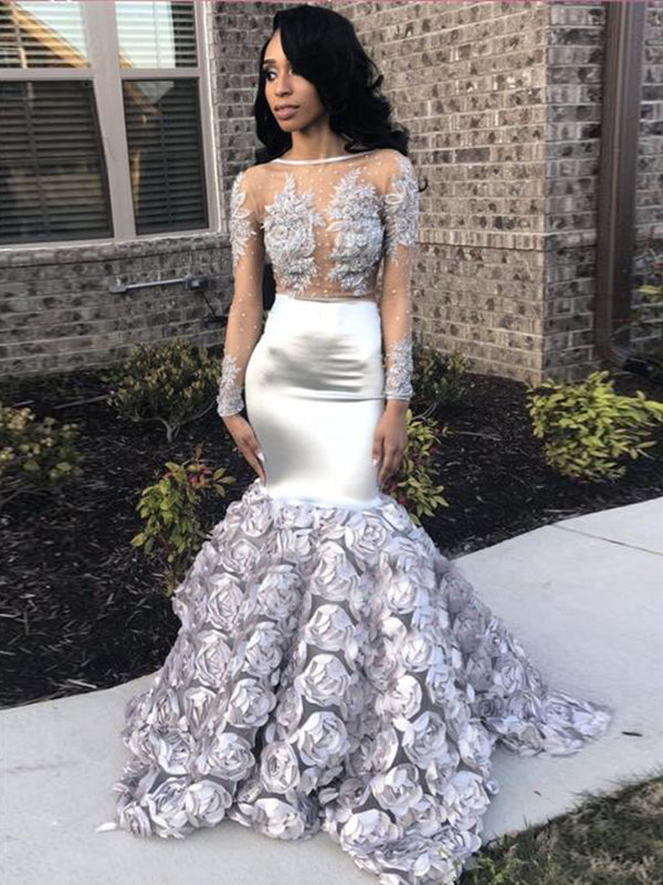 silver long sleeve prom dress