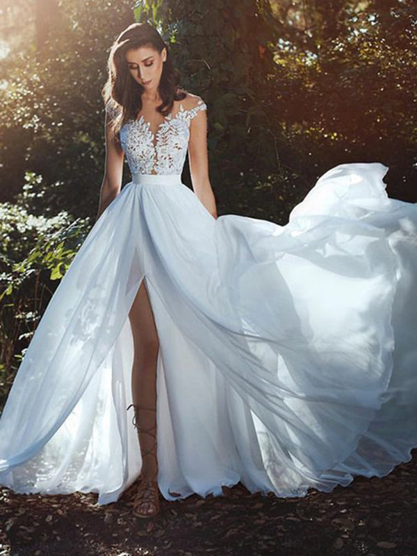 white and blue wedding gown