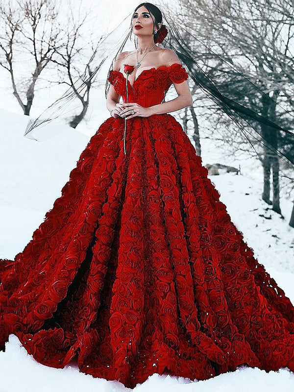 Vintage Red  Wedding Dress  Off The Shoulder Ball  Gown  