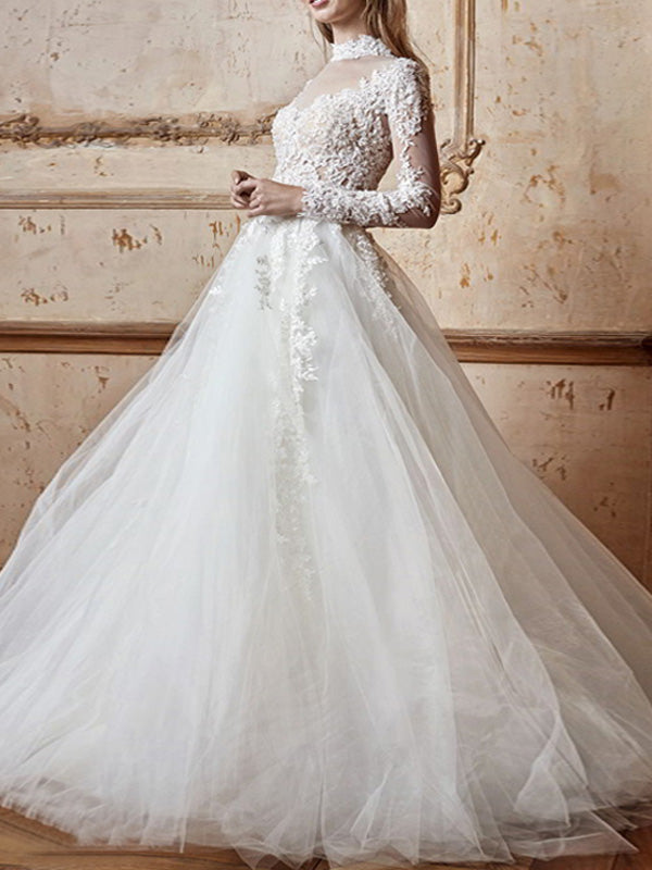 high neck long sleeve wedding gown