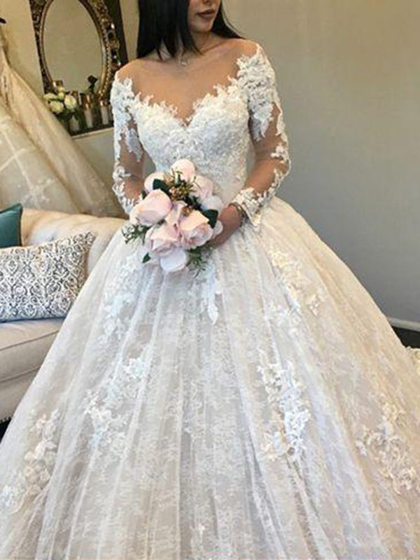 Ball Gown Ivory Wedding Dress Long Sleeve Vintage Plus ...