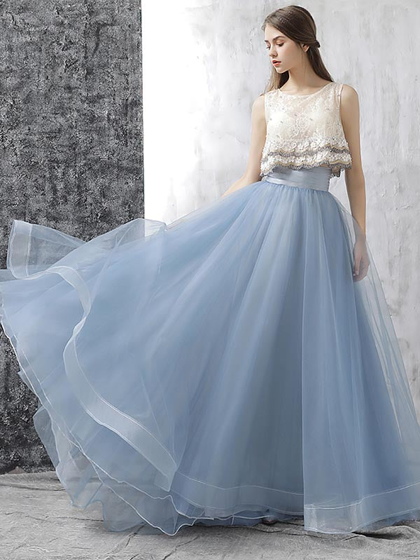Two Piece A Line Prom Dress Vintage Tulle Cheap Prom Dress # VB4265