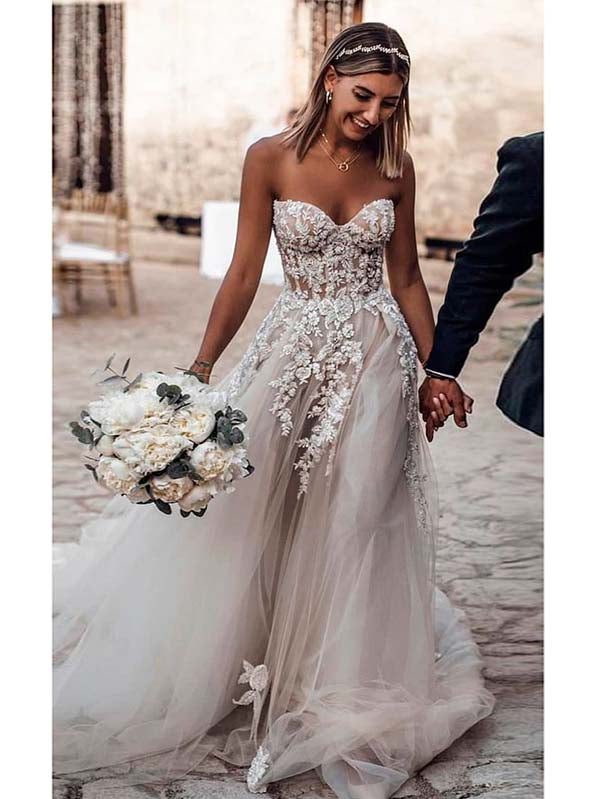 Ivory A Line Wedding  Dresses  Tulle Cheap  Beach Lace  