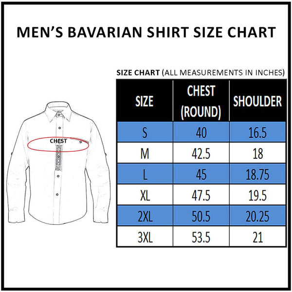 Gentry Choice Bavarian Men's Shirt White with Embroidery Size Chart