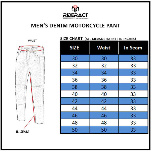 RIDERACT® Men's Riding Jeans Blue Reinforced with Aramid Fiber Size Chart