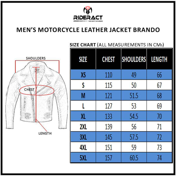 RIDERACT® Brando Style Leather Jacket Native Size Chart