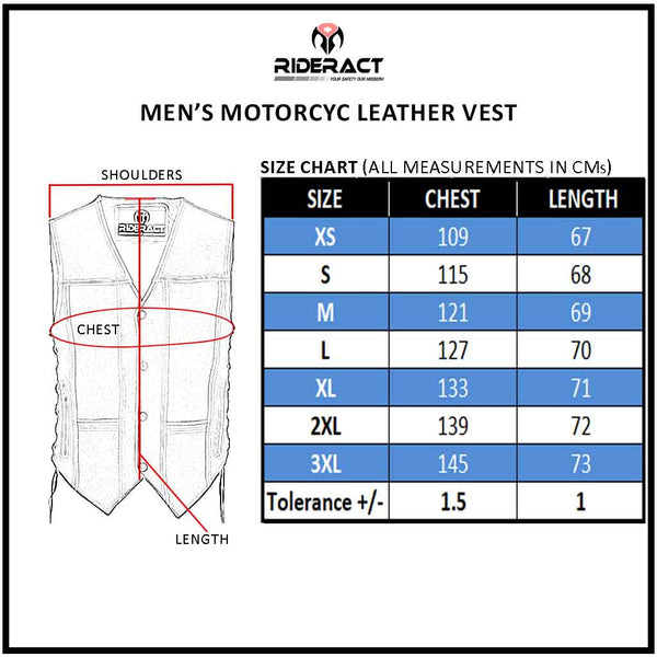 RIDERACT® Leather Motorcycle Vest SOA Button & Zipper Dual Closure Size Chart