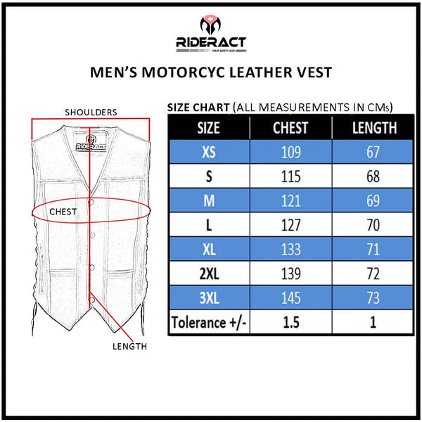 RIDERACT® Adjustable Leather Vest Black with Antique Clasps Closure Size Chart