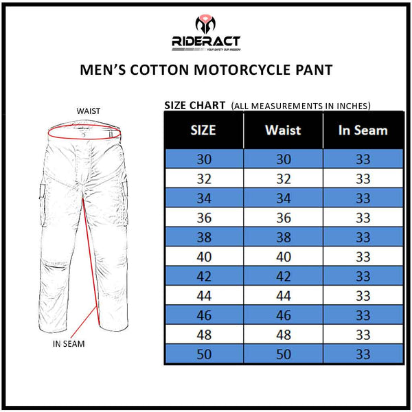 RIDERACT® Men Reinforced Cotton Cargo Pant Blue Size Chart