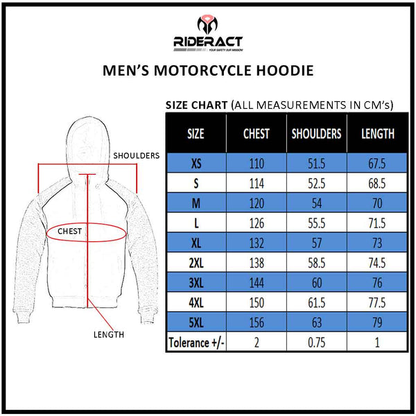 RIDERACT® Street Riding Hoodie Black Grey Reinforced with Aramid Fiber Size Chart
