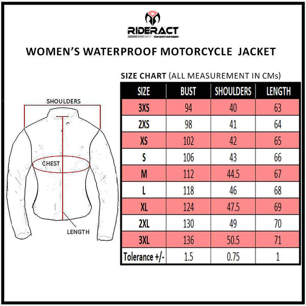 RIDERACT® Women Motorcycle Waterproof Jacket Bella Size Chart