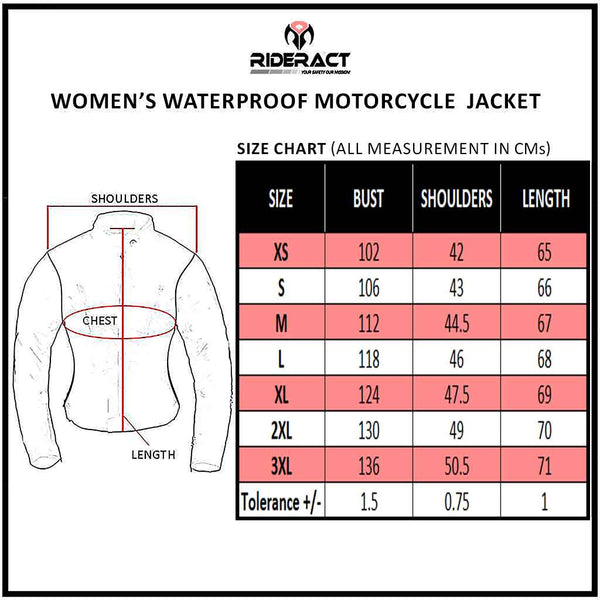 RIDERACT® Women Waterproof Motorcycle Jacket Gallop Pink Size Chart
