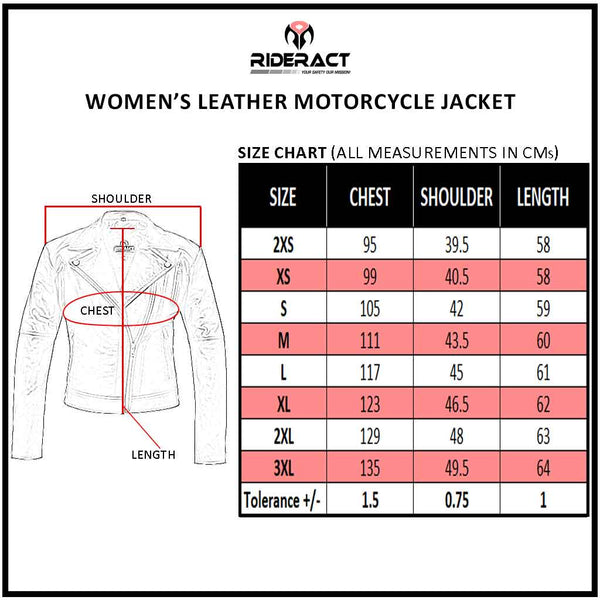 RIDERACT® Women Leather Motorcycle Jacket Velocity Size Chart