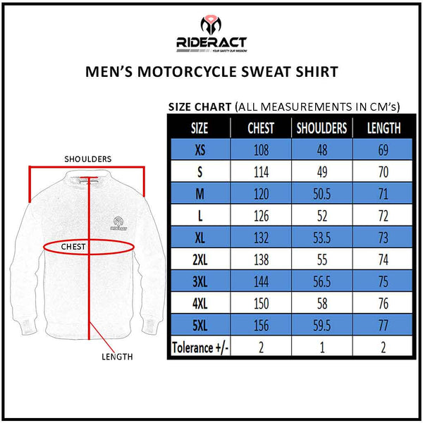 RIDERACT® Motorcycle Sweat Shirt Black Reinforced with Aramid Fiber Size Chart