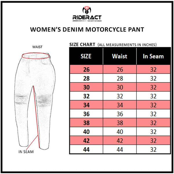 RIDERACT® Women's Riding Stretch Jeans Black Reinforced with Aramid Fiber Size Chart