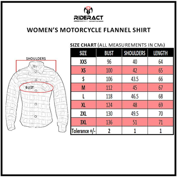 RIDERACT® Women's Reinforced Flannel Shirt Road Series Purple Size Chart