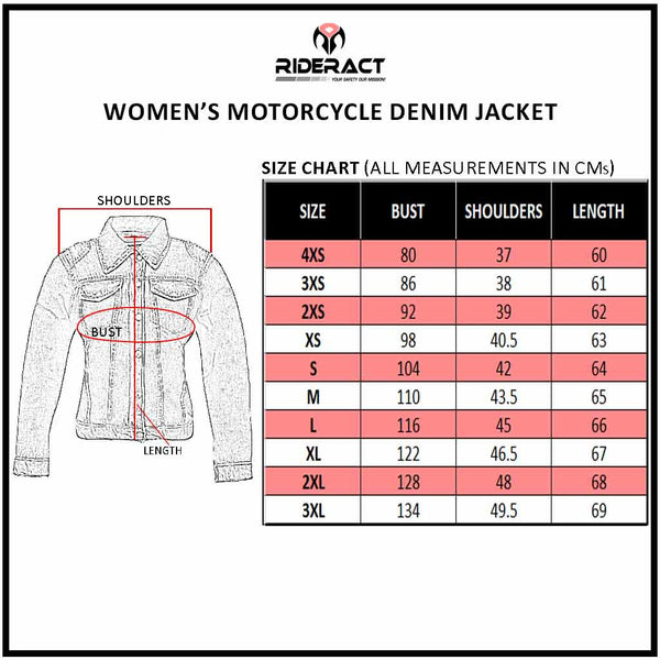 RIDERACT® Women's Motorcycle Riding Reinforced Denim Jacket Road Rush Black Size Chart