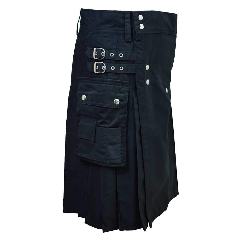 Classic Designer Modern Utility Kilt Black Cotton Cargo Sports Kilt ...