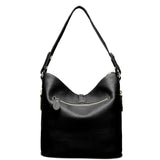 Stylish Leather Bucket Shoulder Handbag with Zipper and Decorative Metal Closure