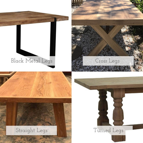 4 image collage displaying the different types of legs available for bespoke solid Oak or reclaimed Oregon tables made by vintage-etc in cape town - cross legs, tubular metal legs, straight legs or turned legs. We make custom made & bespoke tables, benches, free-standing kitchen islands, desks, media units & wardrobes in our Cape Town & Johannesburg workshops - using Oak, Oregon, Ash, Beech, Birch Ply & Meranti. We also sell imported furniture, provide design consulting services & make soft furnishing e.g. sofas & upholstered chairs in linen, velvet & stain resistant fabric 