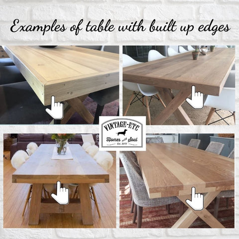 Built up edges on Oak and Pine tables mean you pay less when ordering custom or bestpoke dining tables . Vintage-etc makes custom order furniture like tables, desks, consols, media units, kitchen islands and even soft furnishings in our factories in Cape Town and Johannesburg. We use Oak, Meranti, Pine, Oregon and Veneer options.