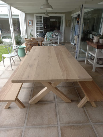 Bespoke cross-leg solid Grade A Oak dining table and benches with a light white-wash, made by vintage-etc in Cape Town.We make custom made & bespoke tables, benches, free-standing kitchen islands, desks, media units & wardrobes in our Cape Town & Johannesburg workshops - using Oak, Oregon, Ash, Beech, Birch Ply & Meranti. We also sell imported furniture, provide design consulting services & make soft furnishing e.g. sofas & upholstered chairs in linen, velvet & stain resistant fabric