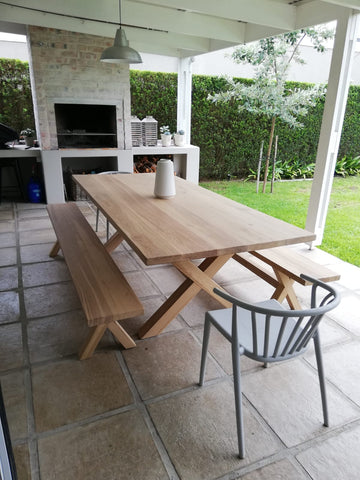 Bespoke cross-leg solid Grade A Oak dining table and benches with a light white-wash, made by vintage-etc in Cape Town.We make custom made & bespoke tables, benches, free-standing kitchen islands, desks, media units & wardrobes in our Cape Town & Johannesburg workshops - using Oak, Oregon, Ash, Beech, Birch Ply & Meranti. We also sell imported furniture, provide design consulting services & make soft furnishing e.g. sofas & upholstered chairs in linen, velvet & stain resistant fabric