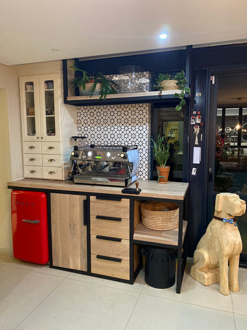 Solid Oak and Matte Black Tubular Metal Coffee Station in new kitchen custom made by Vintage-etc in Johannesburg and Cape Town . We make custom made & bespoke tables, benches, free-standing kitchen islands, desks, media units & wardrobes in our Cape Town & Johannesburg workshops – using Oak, Oregon, Ash, Beech, Birch Ply & Meranti. We also sell imported furniture, provide design consulting services & make soft furnishings e.g. sofas & upholstered chairs in linen, velvet & stain resistant fabric.