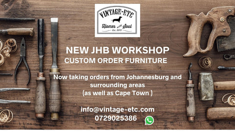 Advert displaying workshop tools and solid Oak/reclaimed Oregon counter top. The image says, "New Johannesburg workshop. Custom order furniture." It also says that vintage-etc is now taking bespoke/custom orders from Johannesburg and surrounding areas (including Cape Town)." We make custom made & bespoke tables, benches, free-standing kitchen islands, desks, media units & wardrobes in our Cape Town & Johannesburg workshops - using Oak, Oregon, Ash, Beech, Birch Ply & Meranti. We also sell imported furniture, provide design consulting services & make soft furnishing e.g. sofas & upholstered chairs in linen, velvet & stain resistant fabric  