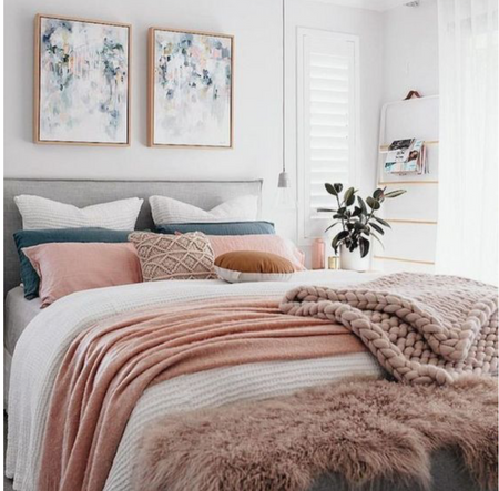 grey, blush & copper trend in bedroom with chunky knit blanket