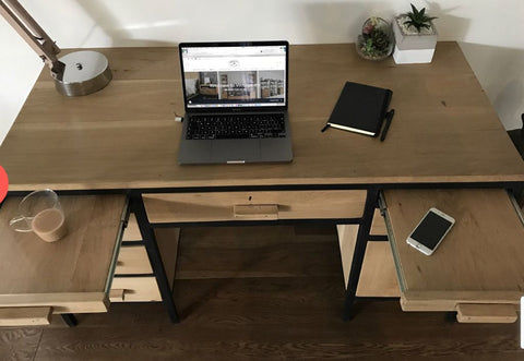 Bespoke solid Grade A Oak and matte black tubular metal study and work desk, with pull out coffee rests and retro handles, custom made by vintage-etc in cape town. We make custom made & bespoke tables, benches, free-standing kitchen islands, desks, media units & wardrobes in our Cape Town & Johannesburg workshops – using Oak, Oregon, Ash, Beech, Birch Ply & Meranti. We also sell imported furniture, provide design consulting services & make soft furnishings e.g. sofas & upholstered chairs in linen, velvet & stain resistant fabric.