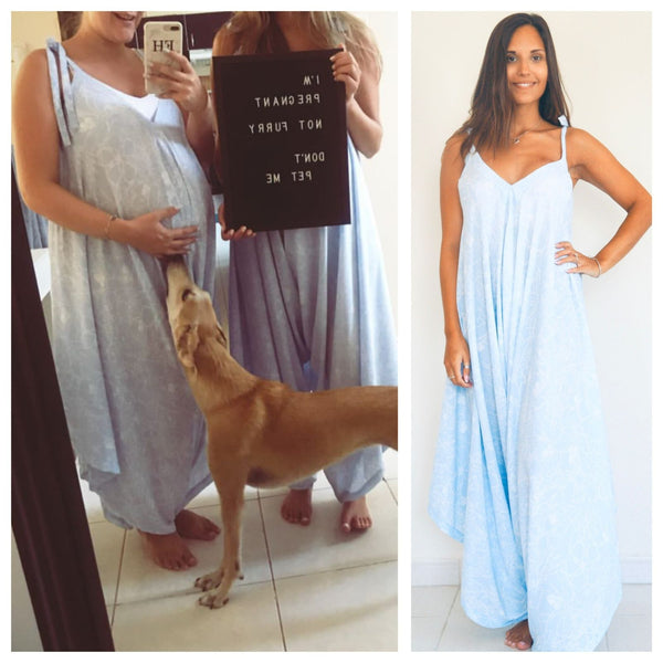 Three pregnant women wearing maternity clothes from Neonstar including a maxi dress, harem jumpsuit at a home in dubai 