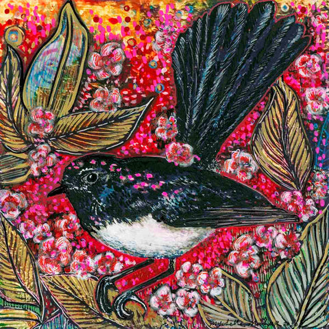 A Willy-willy Wagtail perched on a Geraldton Wax plant, artwork by Mychelle Mahar