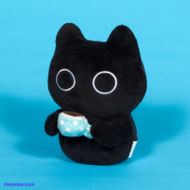 2.5 x 4 plush of Amaro the black cat holding removable coffee cup - Amaro Snappie