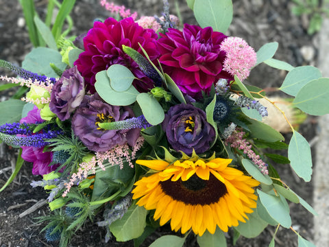 wedding bride's bouquet from gig morris florist in belmar, new jersey wildflowers bridal bouquet sunflowers dahlias lavender