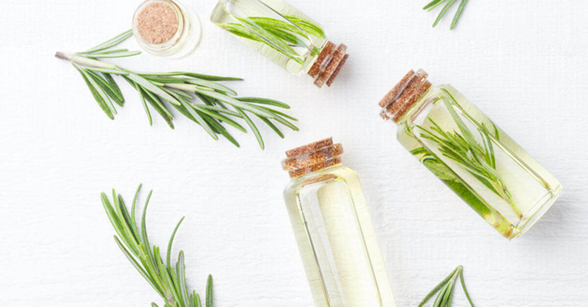 Rosemary sprigs next to bottles of oils