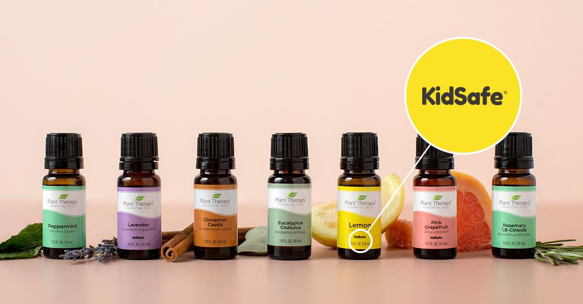 A close up of the KidSafe Logo on a variety of essential oils