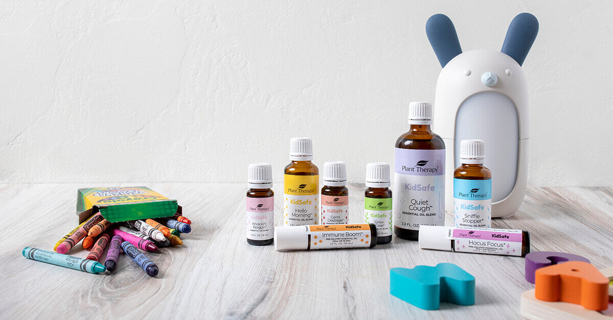 Line up of Plant Therapy's KidSafe essential oils and KidSafe products