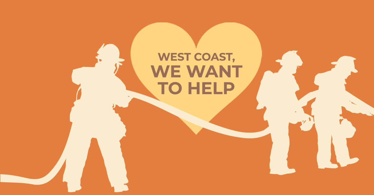 An orange graphic with yellow heart with the words "West Coast, We Want to Help"